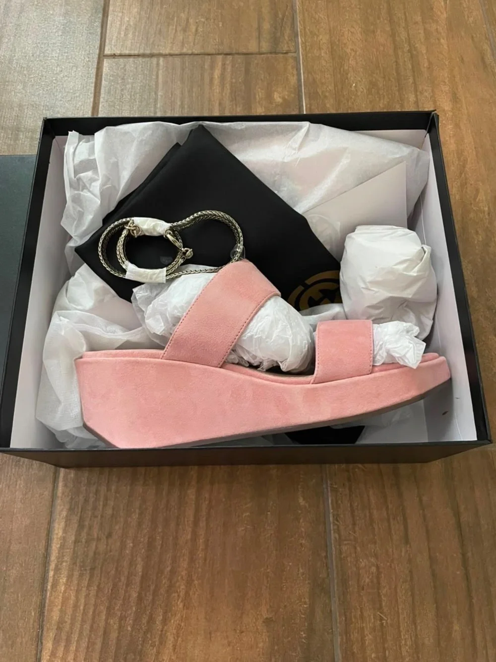 CECILIA NEW YORK Baleves Pink Suede Platform Wedge Sandals with Chain Strap